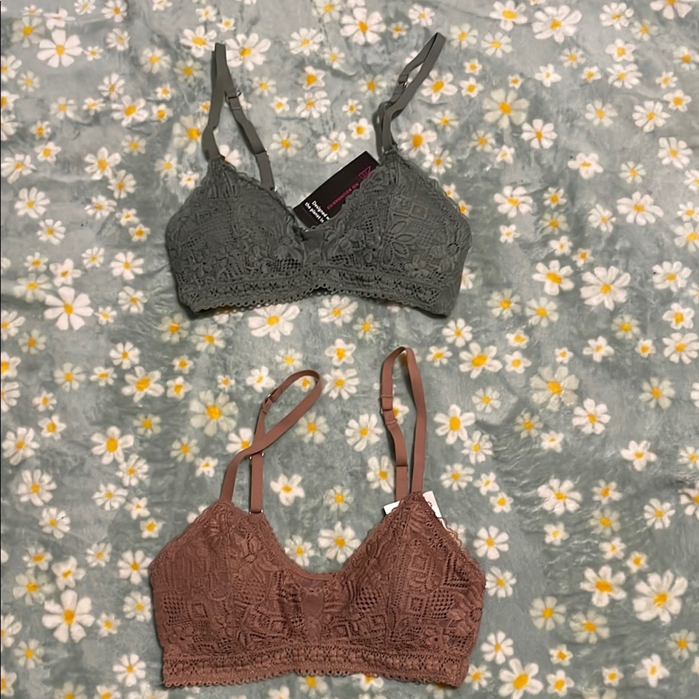 No Boundaries Lace Bralette Duo in Gray and Brown